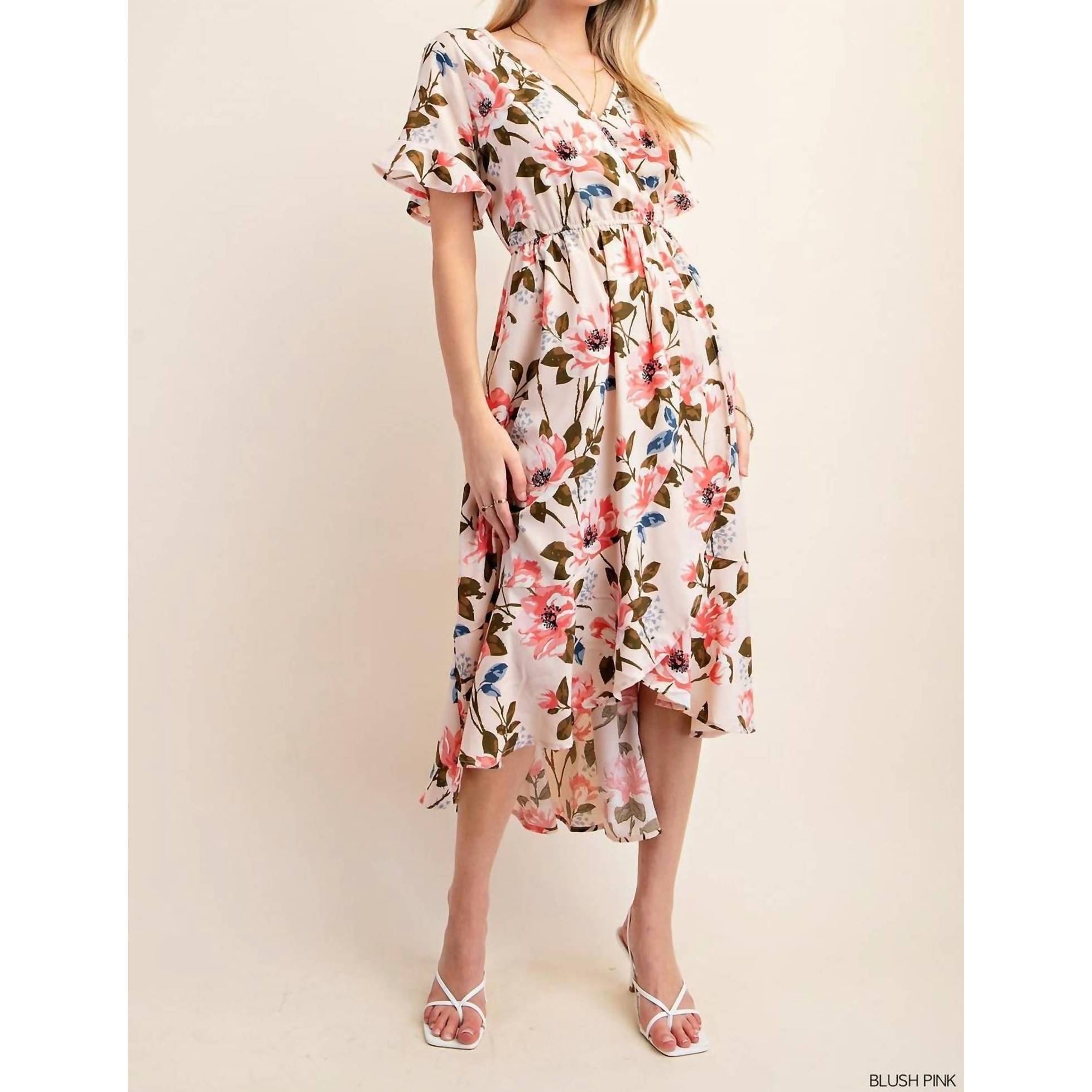 New Chris & Carol Floral V Neck High Low Elastic Waist Midi Dress In Blush Pink